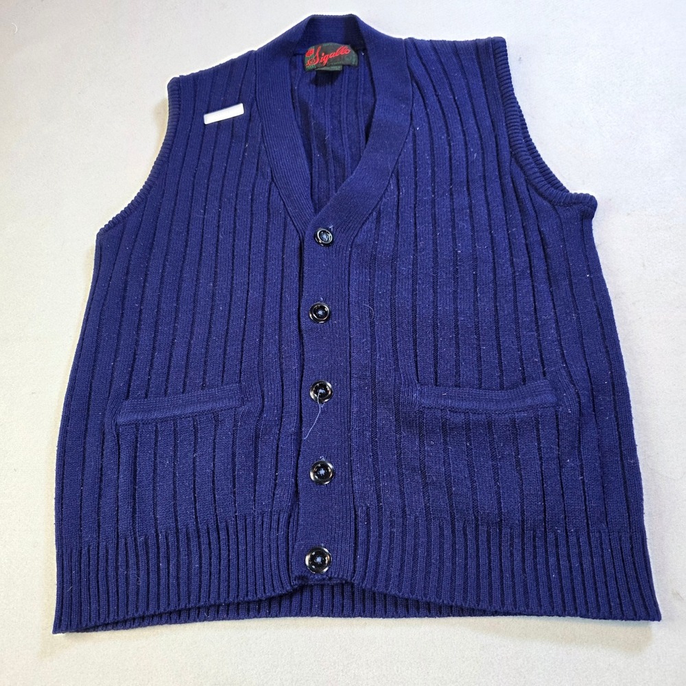 Sigallo Vintage Navy Blue Ribbed Knit Button Front Cardigan Vest Mens Large